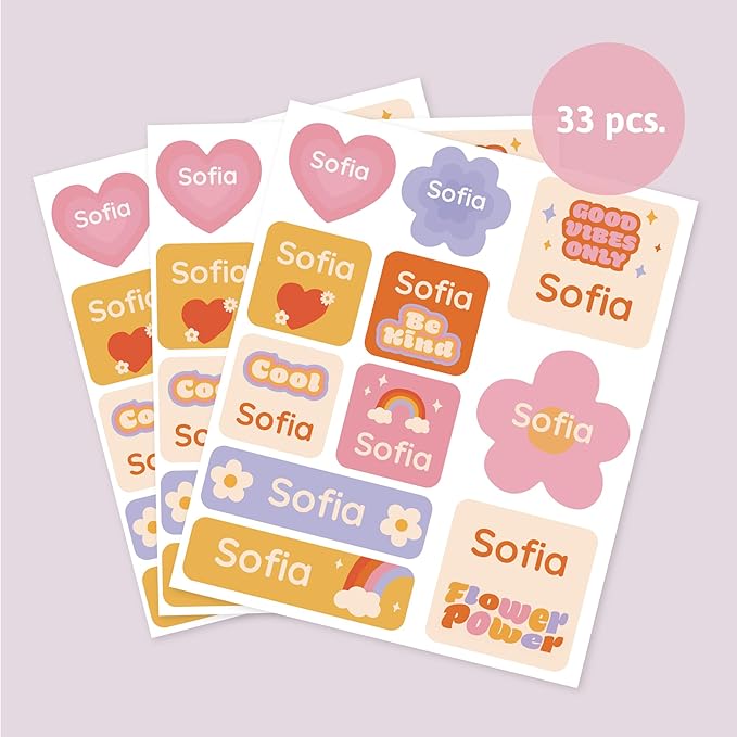 Large Name Labels for Kids (33) - Custom Stickers for Daycare and School Supplies - Durable, Waterproof Stickers for Water Bottles, Lunch Boxes, and More with Unique Designs - Flower Power