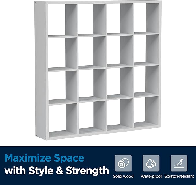 Jpiziso 16-Cube Storage Organizer Bookcase, Thick Frame Wood Grain Storage Shelf, Rectangular Cube Open Back Display Unit, 48.8x9.4x48.8 Inches for Living Room, Bedroom, Home Office, Embossed White