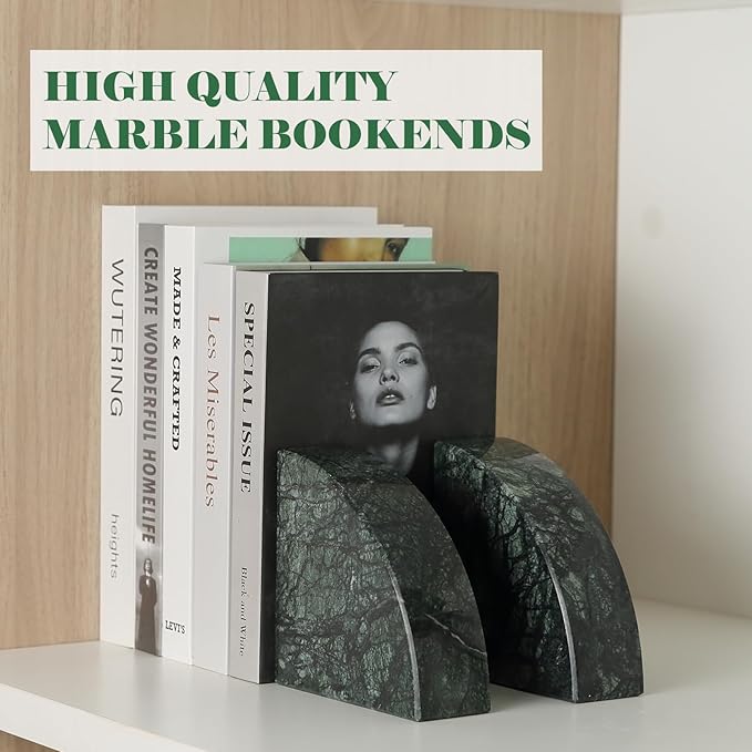 Karibiber Marble Bookend for Shelves, Non-Skid Bookends for Heavy Books, Heavy Duty Book Stopper for CDs, Luxury Book Shelf Holder, Quarter Circle Design Book Ends Decorative, Indian Green, Set of 2