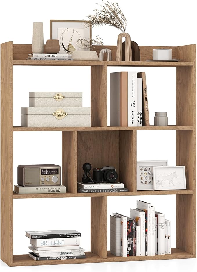 Giantex 7 Cubes Bookshelf, Free-Standing Wooden Bookcase, 4 Tier Home Display Shelf, Horizontal Storage Unit w/Anti-Toppling Devices, Open-Back Display Rack for Study, Living Room (1, Natural)