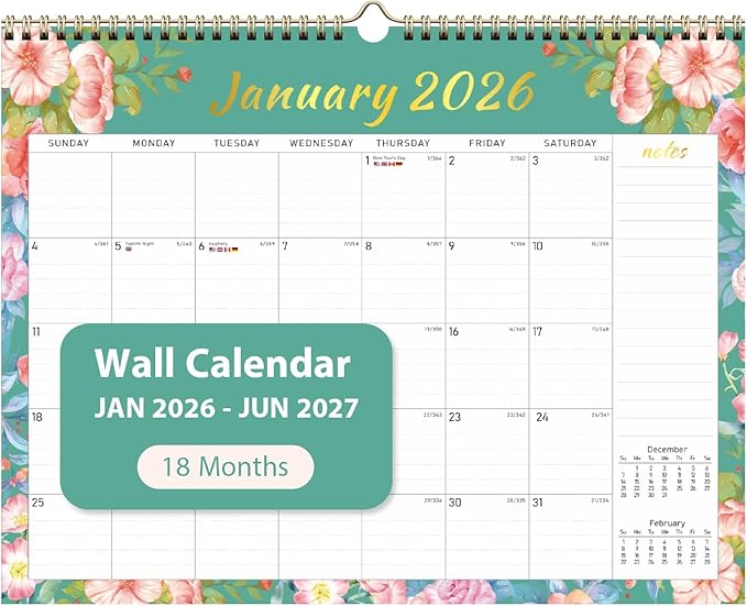 2026 Wall Calendar, Monthly Wall Calendars, Jan 2026 - Jun 2027, Desk Planner (8.5" x 11"), Hanging for Home, School, Office Supplies