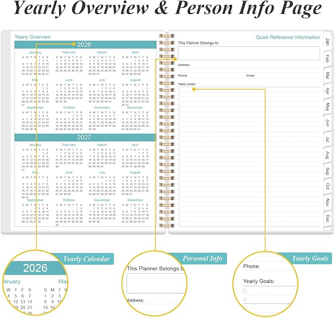 2026 Planner - Planner 2026 from January 2026 to December 2026 with 12 Monthly Tabs, Flexible Cover, Inner Pocket, 8.5" x 11", Beige
