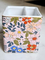 LEAZUL Pen Pencil Holder, Makeup Brush Holder,Ceramic Remote Control Holders Organizer with 2 Compartment Floral Multi-functional Office Organizers Storage Caddy Desk Tv Remote Holders Pink Flowers