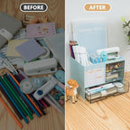 QIYVLOS Desk Organizer with 3 Drawer, Multi-Functional Pencil Pen Holder for Desk, Desk Organizers and Storage with 8 Compartments, Desktop Organizer for Office Home Art Supplies (Blue)