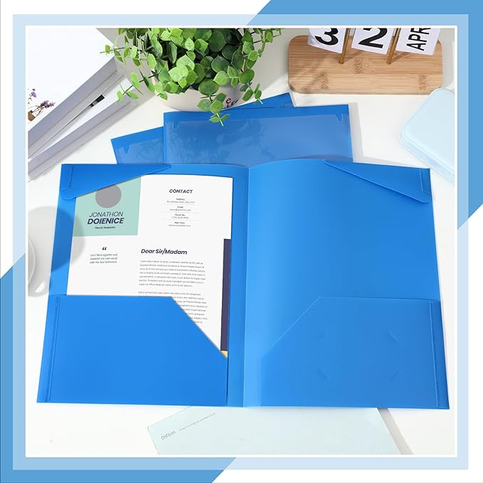 Henoyso 18 Pcs Plastic Folders with Clear Front Pockets Heavy Duty File Folders with 2 Pockets and Card Slot for Student Communication School Office Presentation Report (Blue)