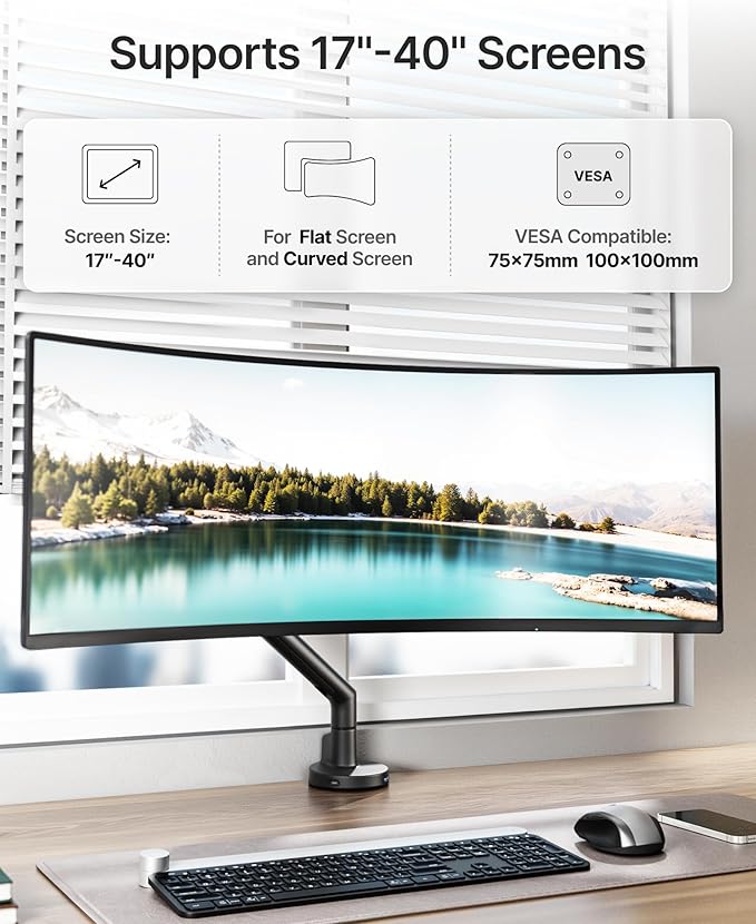 monTEK Single Monitor Arm with USB for 17-40 Inch Screens, Up to 24.25lbs, Heavy Duty Monitor Mount with VESA Mount, Full Motion Adjustment Monitor Stand C-Clamp/Grommet Base,MA1010UCBK