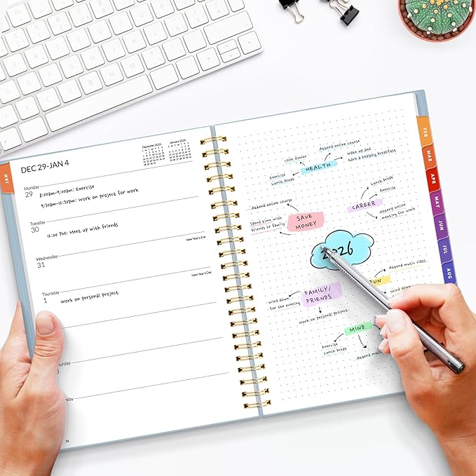 SUNEE 2026 Planner, Weekly and Monthly Calendar Planner, January 2026-December 2026, Daily Agenda with Tabs, Note Pages, Spiral Binding, 6.4"x8.3", Blue
