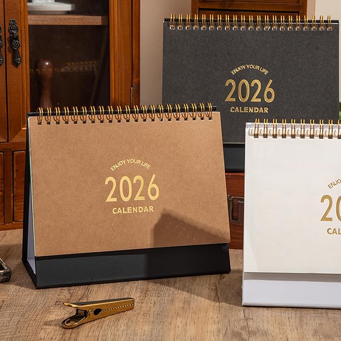 Small Desk Calendar 2026, Standing Flip Desktop Calendar from Now to Dec 2026 - Metal Ring Twin-Wire Binding Monthly Desktop Calendar for Home Office School (kraft paper color)