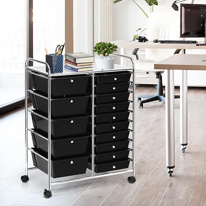 COSTWAY 15 Drawer Rolling Storage Cart, Multipurpose Mobile Storage Organizer w/Removable Drawers & Metal Frame, Utility Tools Paper Organizer on Wheels for Home, Office (Black)