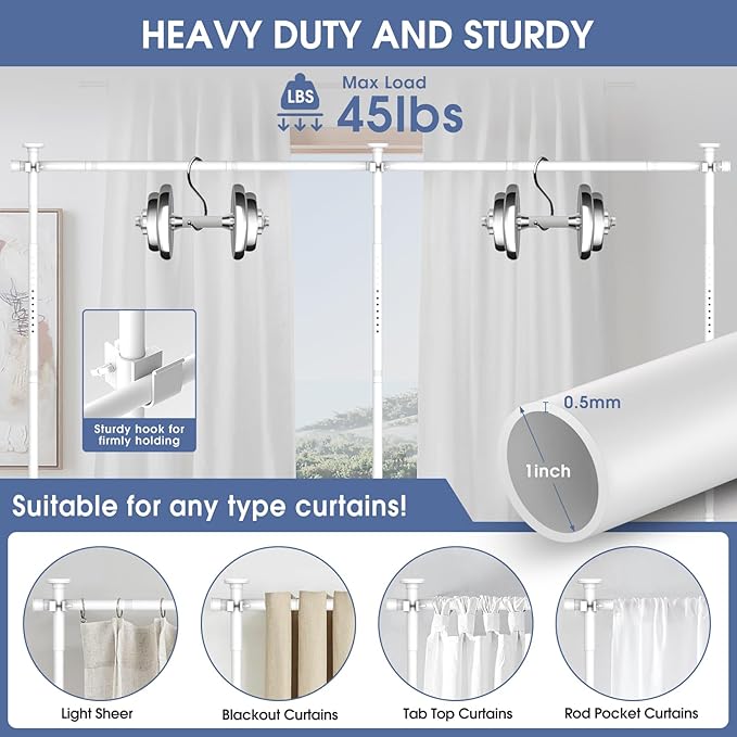 AKTOP Room Divider, No Drilling Curtain Tension Rods Wall Divider for Room Separation, 4-10ft(H) 30-147"(W) Adjustable, Heavy Duty Floor to Ceiling Space Separator Privacy Dividers for Rooms, White