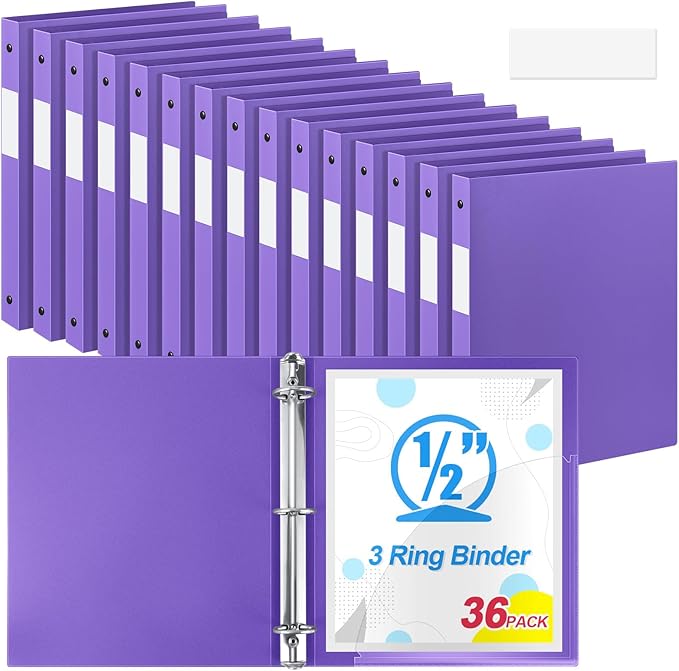 Henoyso 36 Pcs 3 Ring Binder 0.5 Inch Round Fits Letter Size 8.5'' x 11'' Paper Plastic Flexible Binder Bulk Holds 140 Sheets with 1 Pockets Versatile Organizer for Home Office School (Purple)