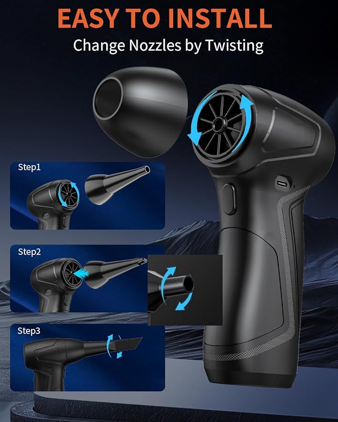 PureWellness Compressed Air Duster Can, Cordless Air Blower, Rechargeable Electric Duster & 3 Nozzles for Keyboard, PC, Home Cleaning, Portable Cleaning Kit, Black