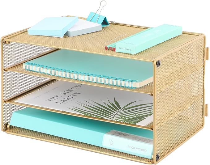 EASEPRES Paper Organizer Tray, 3 Tier Mesh Desk File Organizer Letter Sorter Holder for Home Office, Gold