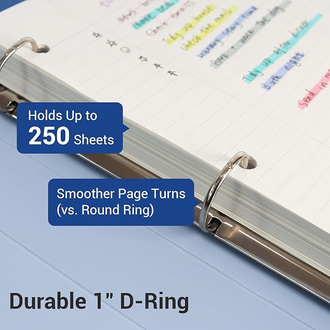 MUKAWA 1 Inch 3 Ring Binder, D-Ring Binder Holds 250 Sheets, PP Cover with Writable Spine Label, Lay-Flat Design, Letter Size 8.5x11, Lightweight for School, Office & Home Organization, 1 Pack, Blue