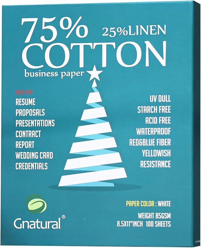 75% Cotton 25% Linen Paper, 85gsm Inkjet Printing Paper, 8.5"x11" White Color Resume Paper,100 Sheets Won't Get Wet Cotton Paper