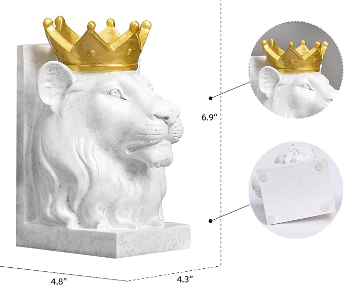Kakizzy Decorative Lion Bookends - Modern Animal Book Stoppers for Heavy Books - White Lion Figurines