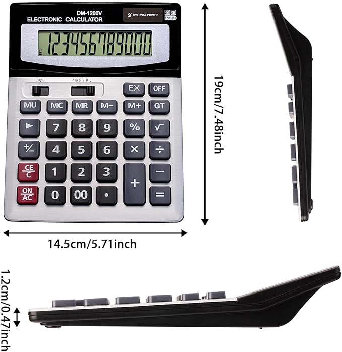 YEBMoo 12 Digit Desktop Calculator with Large LCD Display and Sensitive Button, Dual Solar Power and Battery, Standard Function for Office (YE1200v)