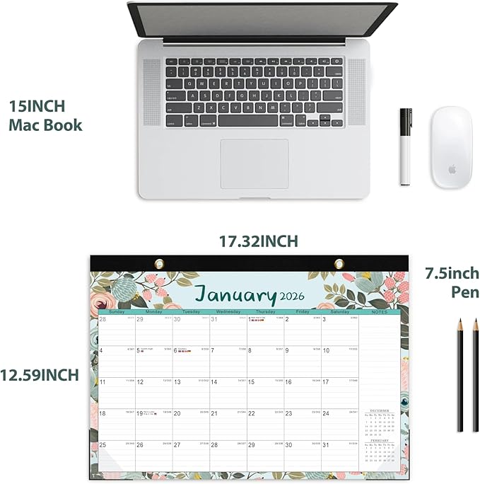 Desk Calendar 2026, Monthly Desktop Large Calendar (Jan 2026 - Jun 2027) 17" x 12" Desk Wall Planner for Family Teacher School Office Supplies, Flower