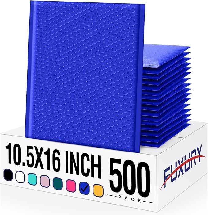 Fuxury Large Bubble Mailers 10.5x16" 500 Pack Royal Blue Self Seal Padded Envelopes Bulk Waterproof Mailing Envelopes Bubble Padded #5 Cushioning Padded Mailers for Small Business Packaging