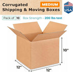 Medium Moving & Shipping Boxes 12x12x10 inches (10-Pack) - Extra Strength 200 lb vs Regular - Corrugated Boxes for Packaging - Corrugated Packaging Box - Medium Cardboard Box by IDL Packaging