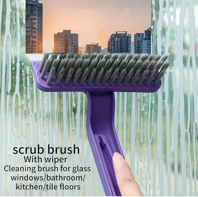 Oiyaku Multi-Purpose Cleaning Brush Stiff-Bristle Kitchen Cleaning Brush with Squeegee, Debris Picker and Scraper, Suitable for Bathroom, Floor and Window, Sink, Bathtub and Tile Grout Cleaning Tools