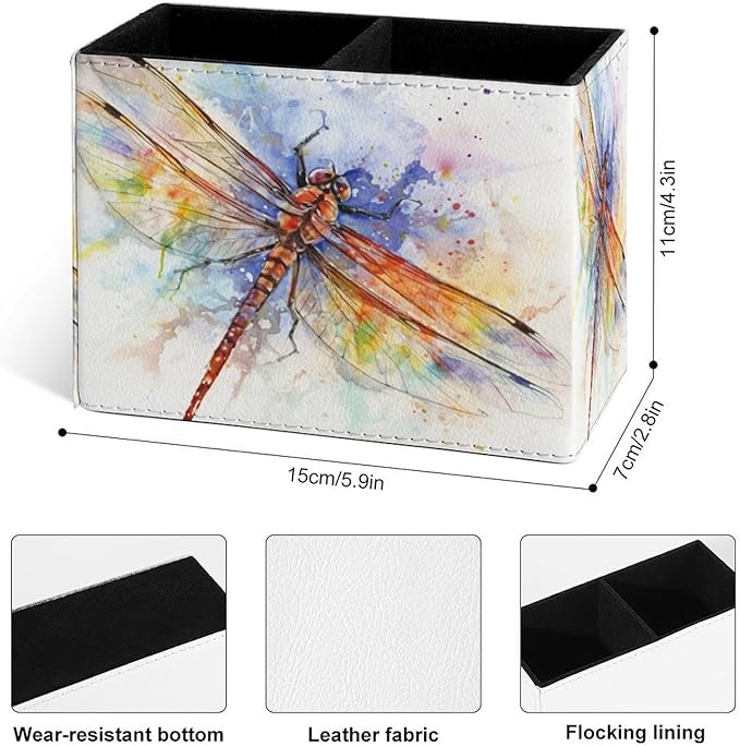 Famame Vintage Splash Dragonfly Pencil Holder for Desk, Leather Desktop Container Pen Cup Storage Study Table Pen Organizer Makeup Brushes Holder for Office Home
