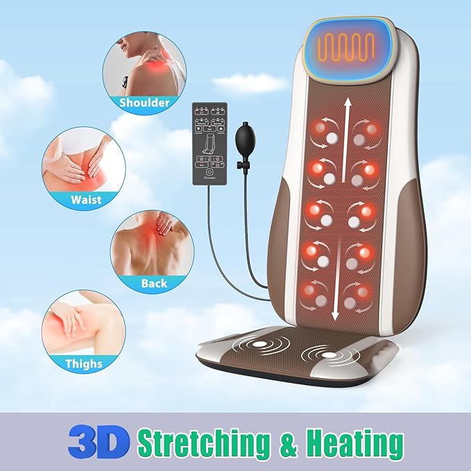 comrelax Shiatsu Back Massager with Heat, Massage Chair Pad Seat Cushion for Stress Relief, Deep Tissue Kneading & Roller, 2 Vibration Motors, Back Waist Hip Massager, PU Leather, with 2 Adapters