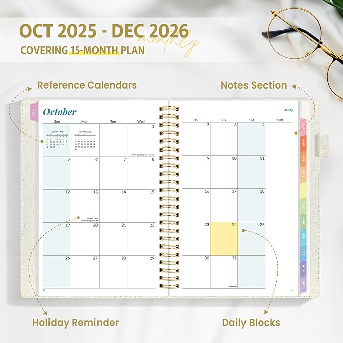 2026 Planner, Annecy Weekly ＆ Monthly Planner 2026, Jan. 2026 – Dec. 2026, 6.4" x 8.5" Monthly Agenda Planner with Tabs, Flexible Linen Cover, Spiral Binding, Double-sided Pocket, Bookmark, Beige