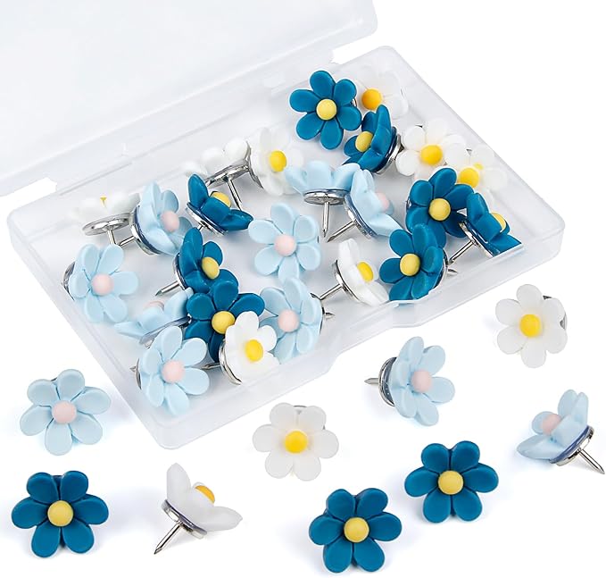 Decorative Push Pins,30pcs Flower Push Pins for Cork Board Blue Thumb Tacks Cute Push Pins Fun Thumb Tacks Decorative for Photo Wall, Feature Wall,Map, Bulletin Board, Office or Home