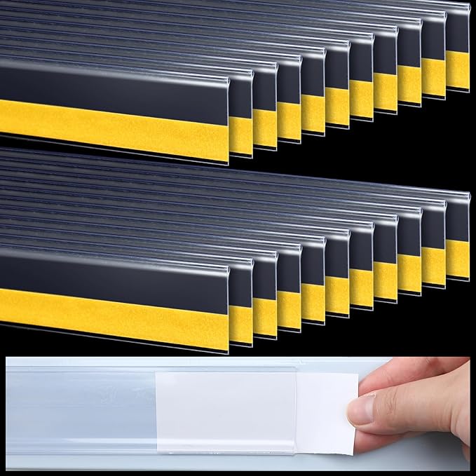 Fainne 25 Pcs Shelf Label Strips 1.25''H x 27 L Self Adhesive Shelf Label Holder Gondola Price Tag Stick on Plastic Clear Ticket Channel for Metal Wood Plastic Rack
