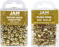 JAM PAPER Colorful Push Pins - Flat & Round Head Thumb Tack Combo Set - Gold Pushpins - 200/Pack