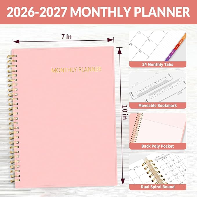 SUNEE 2026-2027 Planner - 24 Months (Jan 2026 - Dec 2027) - 7"x10" Monthly Spreads & Yearly Planner, Pink