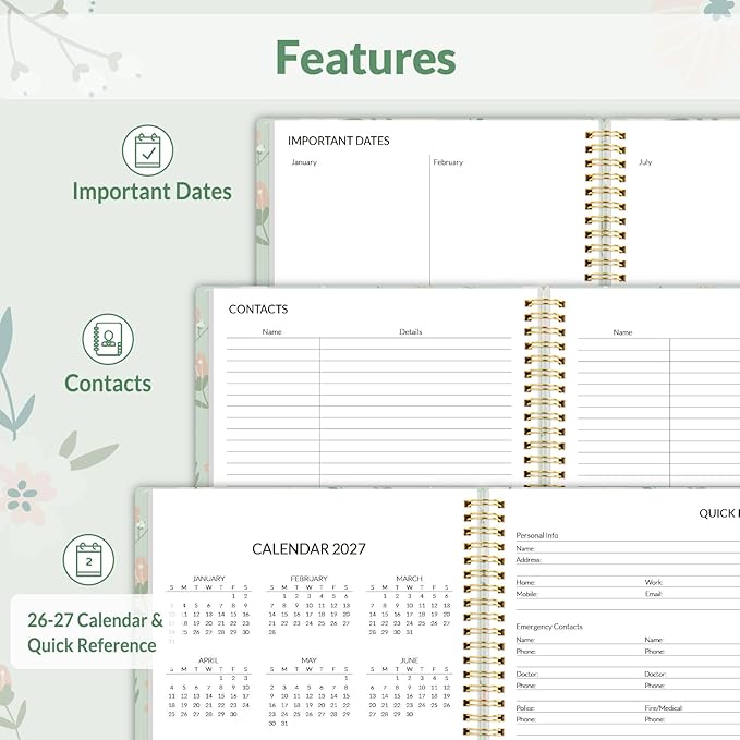 SUNEE 2026 Planner, Weekly and Monthly Calendar Planner, January 2026-December 2026, Daily Agenda with Tabs, Note Pages, Spiral Binding, 8.5"x11", Wildflowers