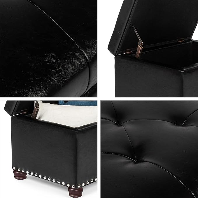 Decent Home 24'' Leather Storage Ottoman Rectangular Foot Rest Stool with Nailhead Trim Chests & Storage Room Organizer for Bedroom Living Room(Black)