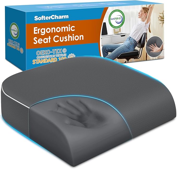 SofterCharm Seat Cushion, Memory Foam Office Chair Cushions for Long Sitting Hours, Chair Pad for Sciatica, Coccyx, Tailbone, Hip Pain & Pressure Relief, Office, Home, Car Seats, Airplane, Gray/Large