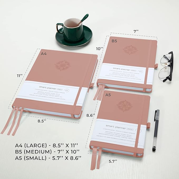 Smart Planner Pro – Undated Daily Planner – Small A5 – Achieve Goals & Increase Productivity – Weekly, Monthly, Work Sections, Organizer Diary with Back Pocket, 3 Satin Bookmarks & Pen Holder