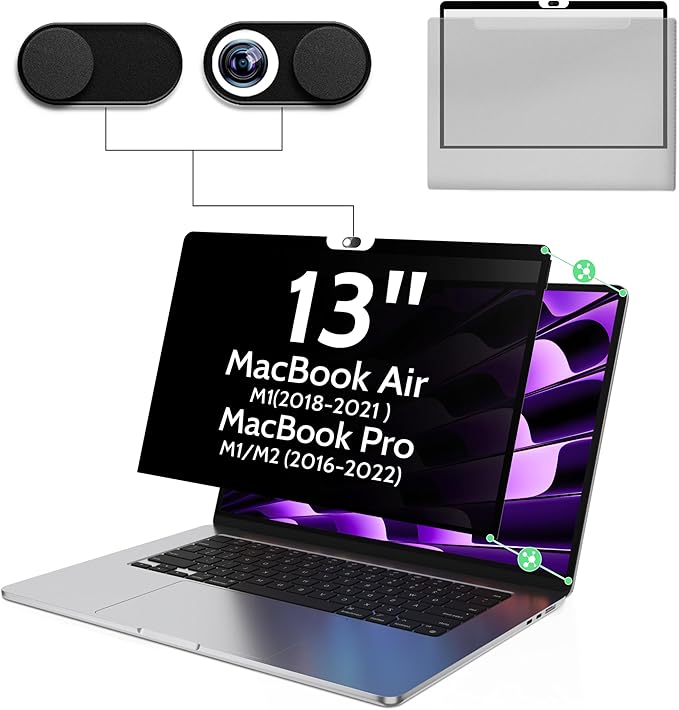 Privacy Screen for MacBook Air 13 Inch M1(2018-2021)& Mac Pro 13In M1/M2(2016-2022),Anti Blue Light Glare Filter Removable, Bubble-Free Monitor Shield Black Laptop Film With Camera Cover