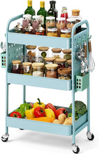 KINGRACK 3 Tier Rolling Cart with DIY Hanging Board, Metal Rolling Utility Cart with Wheels Handles Baskets Hooks, Rolling Storage Cart Suitable for Bathroom, Kitchen, Office, Nursery Diaper（Blue）