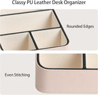 MEIBOOCH Remote Control Holder, PU Leather Small Desk Organizer with 4 Compartments, Nightstand Organizer Desk Caddy for Remote, Notepad, Phone, Glasses, and Accessories (Pink)