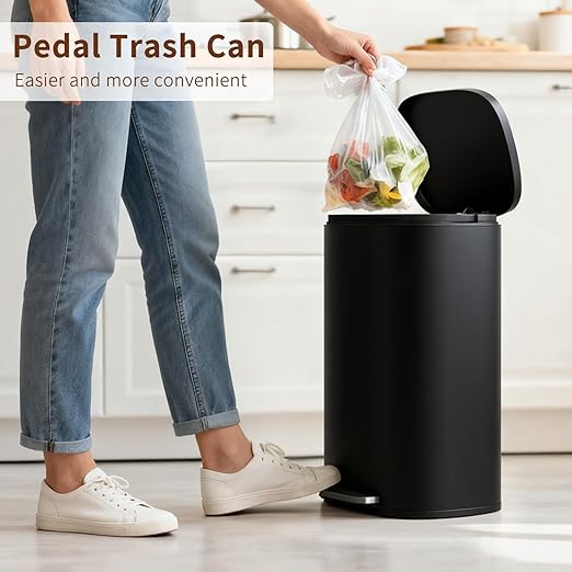 PayLessHere Stainless Steel Trash Can with Lid - Removable Inner Bucket, Foot Pedal Soft Close for Office, Home, Kitchen Garbage Bin (Black, 13 G)