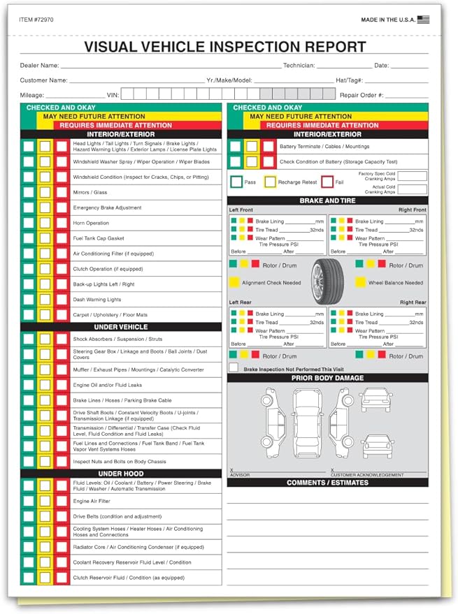 Visual Vehicle Inspection Report – 2-Part Carbonless Vehicle Checklist, Snap-Out Auto Service Forms, Fleet Maintenance Logs, Car Checkup Sheets - White & Canary 8.5"×11" - Pack of 500