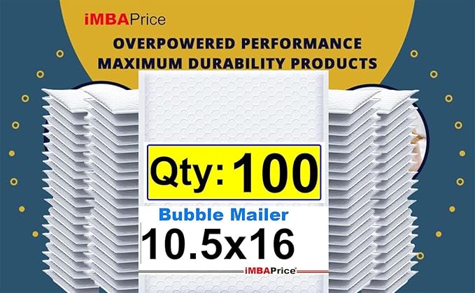iMBAPrice 10.5x16 Inch White Poly Bubble Mailers #5, 100-Pack Large Padded Envelopes, Self-Seal Polybubble Shipping Bags for Mailing & Packaging