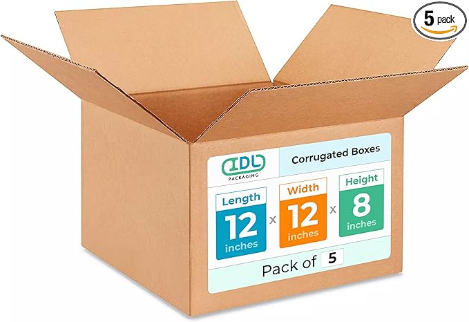 IDL Packaging - B-12128-5 Small Corrugated Shipping Boxes 12"L x 12"W x 8"H (Pack of 5) – Excellent Choice of Sturdy Packing Boxes for USPS, UPS, FedEx Shipping