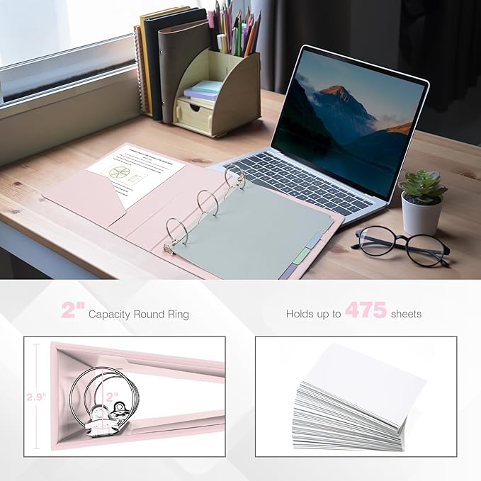 Ospelelf Vintage Hardcover 3 Ring 2 inch Leather Binder, Professional Binders Organizer Suitable for Letter Size Documents, Binder Dividers with Tabs, Rose Pink