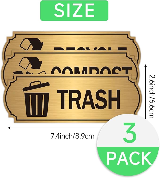 3PCS Recycle Stickers for Trash Bins, Self-Adhesive Waterproof Brushed Gold Trash Compost and Recycling Stickers for Trash Can, Kitchen, Office, Garbage Bin Indoor, Outdoor Use