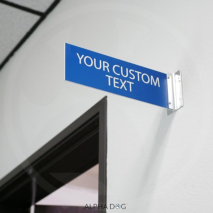 ALPHA DOG SIGNS Custom Projecting Hallway Nameplate, 4"x12" Double-Sided Business Sign, Personalized 2-Line Text, Indoor Outdoor, Easy Install, Durable, Made in USA (Blue)