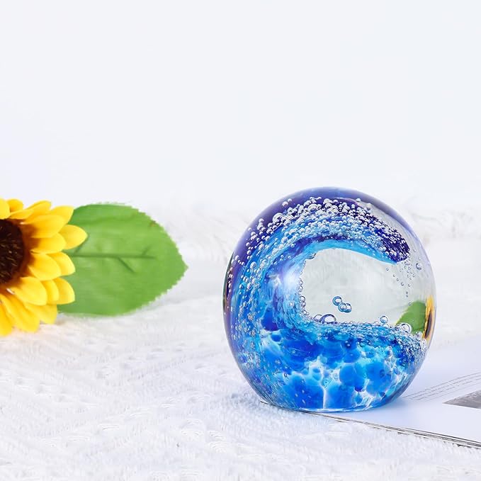 LCCCK Hand Blown Glass Ocean Waves Glass Ball Beach Office Decor, Blue Glass Paperweight Ideal Beach Decorations for Home, Suitability Seaside Villa Aquarium Ocean Lover's Gift