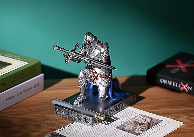 HDMbigmi King's Guard Leader Cloak Warrior Knight Pen Holder Mobile Phone Stand, Ornament Knight Statue, Pen Stand Paperweight for Office and Home (SilverBlue)