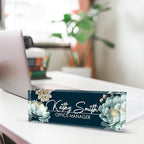 Personalized Name Plate for Desk, Custom Desk Name Plate, Acrylic Name Plate Office Desk Accessories, Personalized Office Gifts for Coworkers Teachers, Employee Appreciation Gifts (B-White Flower)