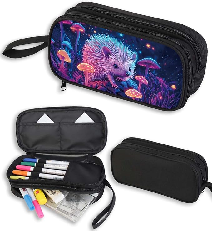 AnySmic Hedgehog Pencil Case for Boys Girls, Large Pencil Pouch for Kids, Polyester Big Capacity Pen Case with 2 Compartments, Double Zipper, Pen Bag Organizer
